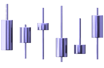 A 3D graphic of candlestick charts, symbolizing the smart trading and winning strategies offered by FundedNext.